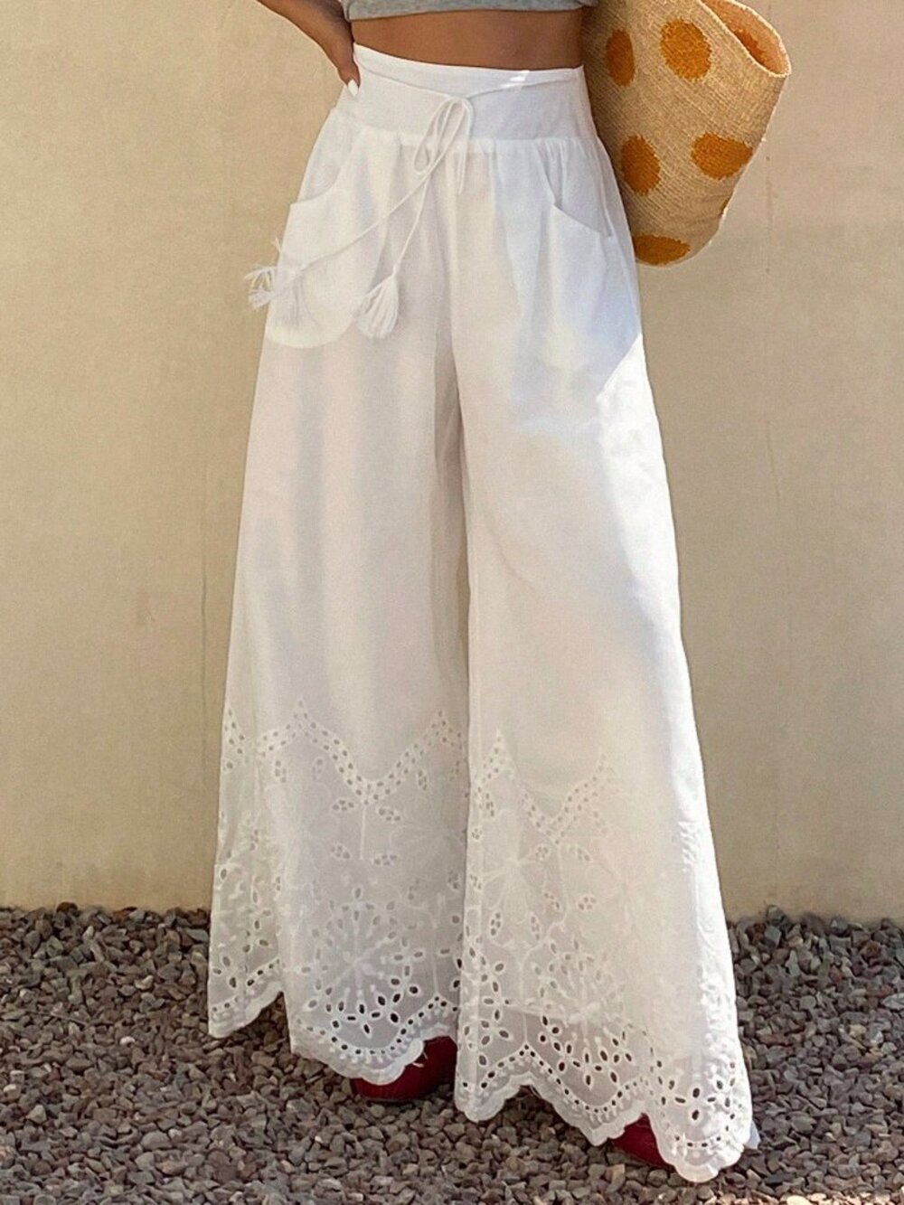 White Casual Women's Lace Hollow Out Tie-Up Pants - Picture 5 of 6